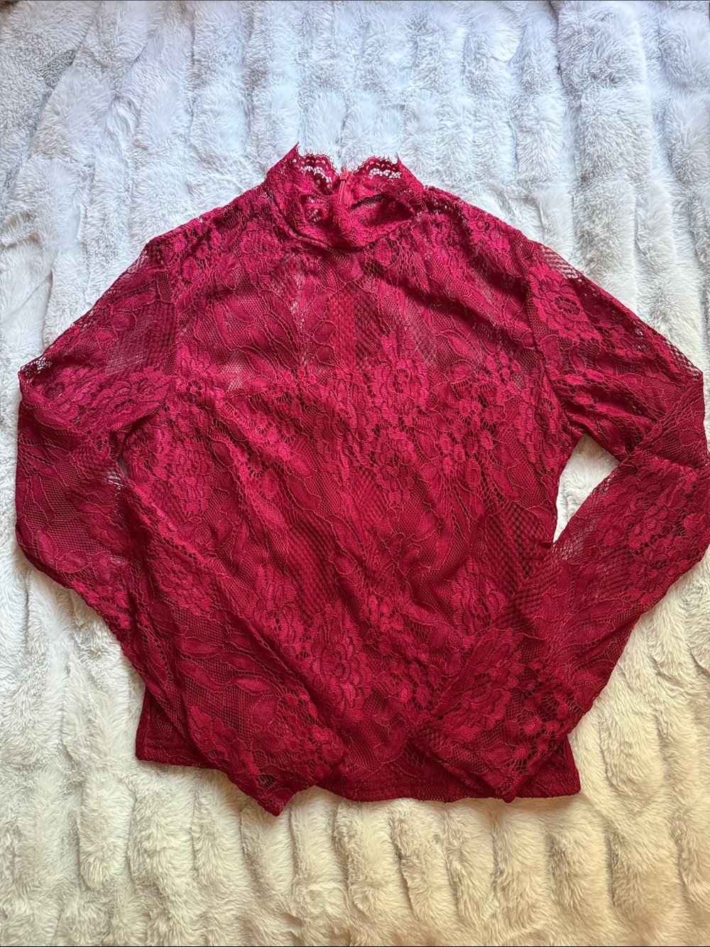 SHEIN Red Lace Long Sleeve Mock Neck Top